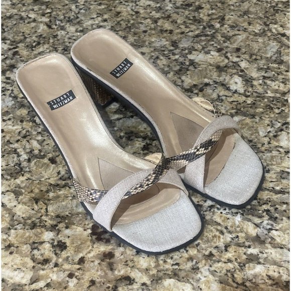 Stuart Weizman Square-Toe Snake-Print Leather Crossover Slide Block Heel Sandals - Picture 4 of 6